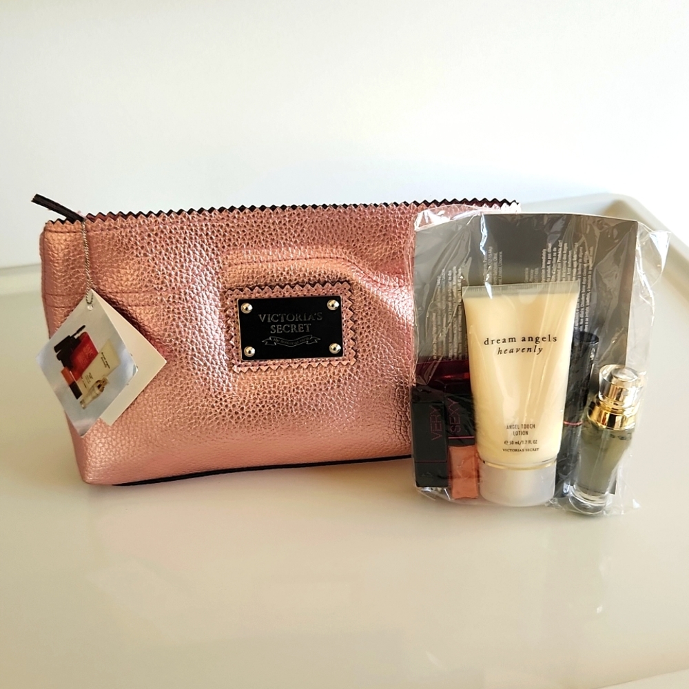 New Victoria's Secret Rose Gold Beauty Bag with Cosmetics, Make Up, Perfume, etc